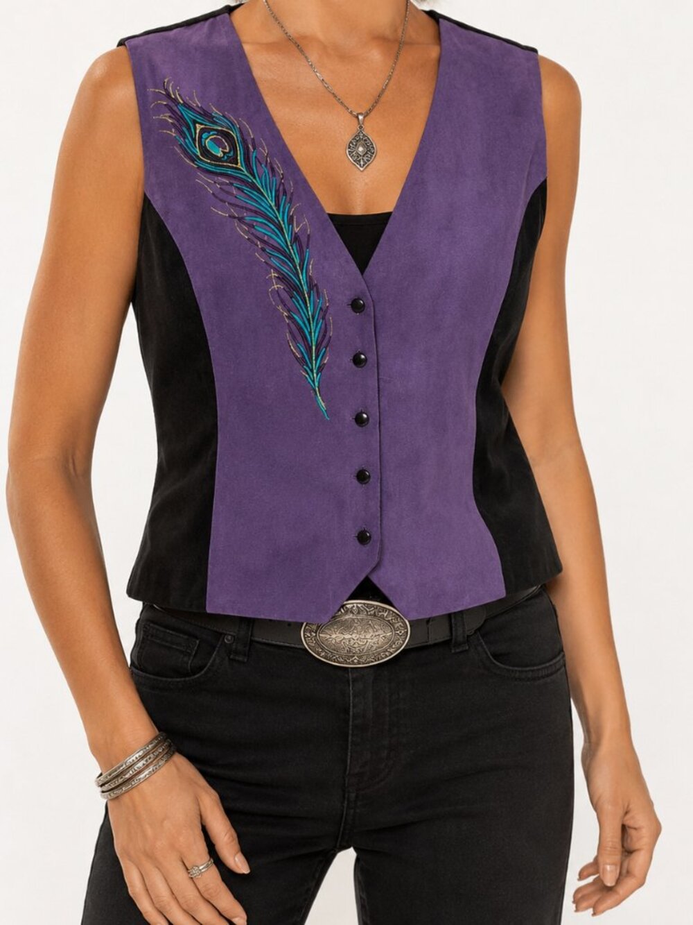 Bob Mackie Purple Feather Button Front Whimsigoth Wearable Art Vest [size L]